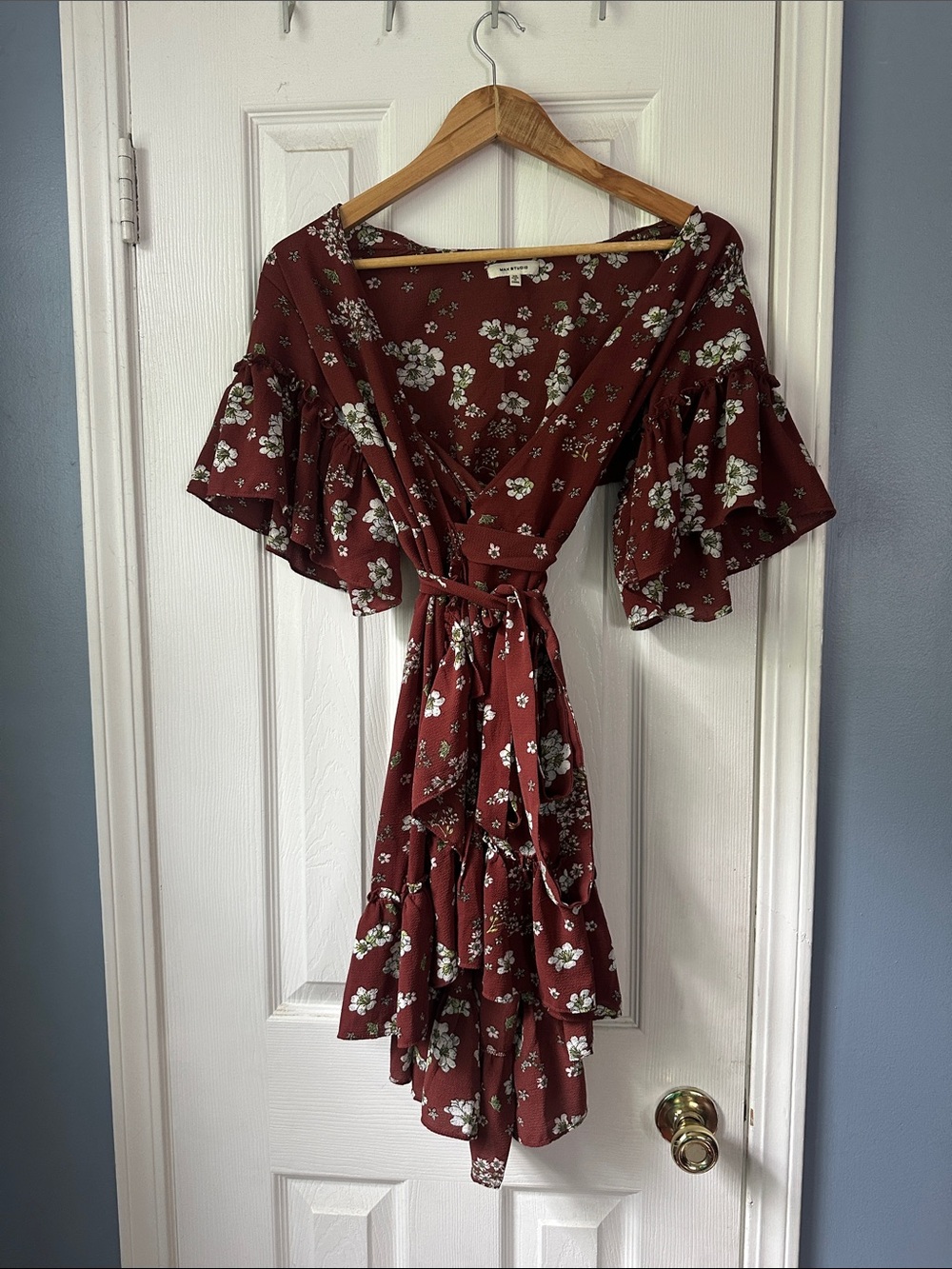 Max Studio Rust Floral High-Low Wrap Dress